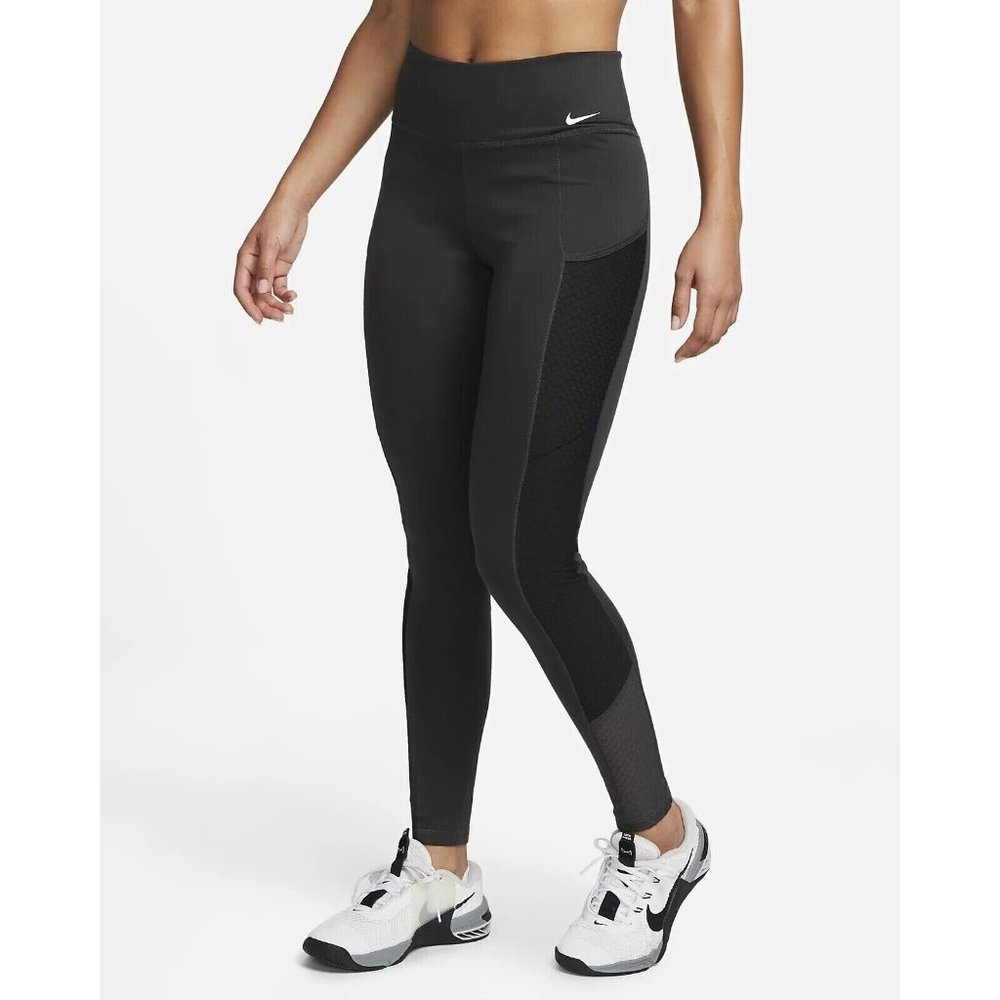 Nike One Therma Fit Mid-Rise Full Leggings Black Smoke Grey DQ6271-070 Sz Large